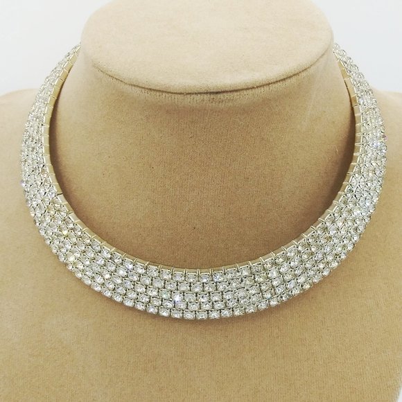 Five Row Thick Silver Tone Prong Set Rhinestone Choker Necklace 12” Plus - Picture 1 of 6
